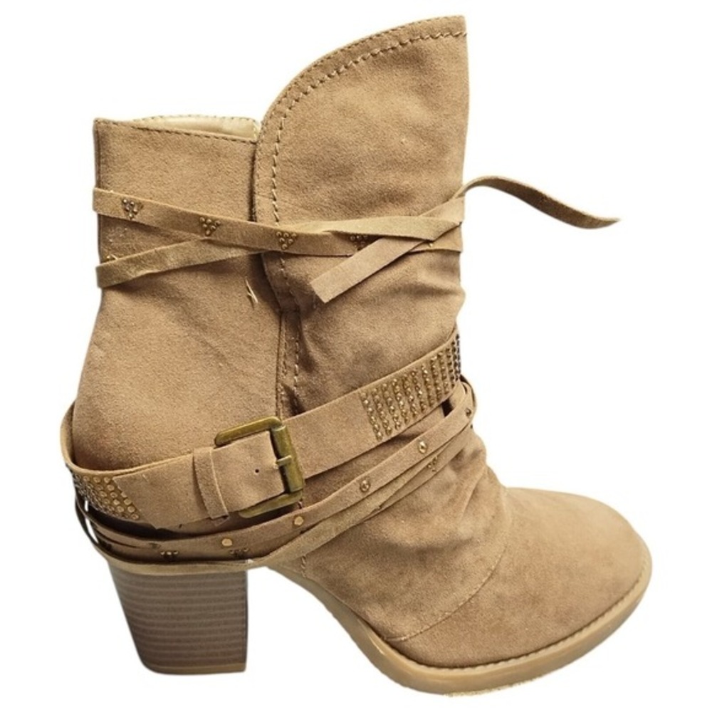 Lane Bryant Rhinestone Heeled Boots Womens Sz 9 Brown Round Toe Buckle Side Zip
